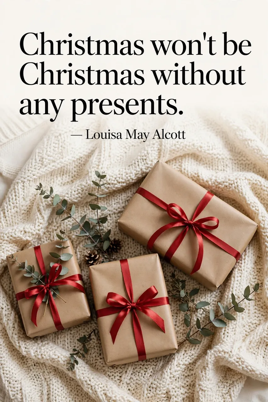 Top down view of wrapped gifts on a cream knit blanket with the quote "Christmas won't be Christmas without any presents.