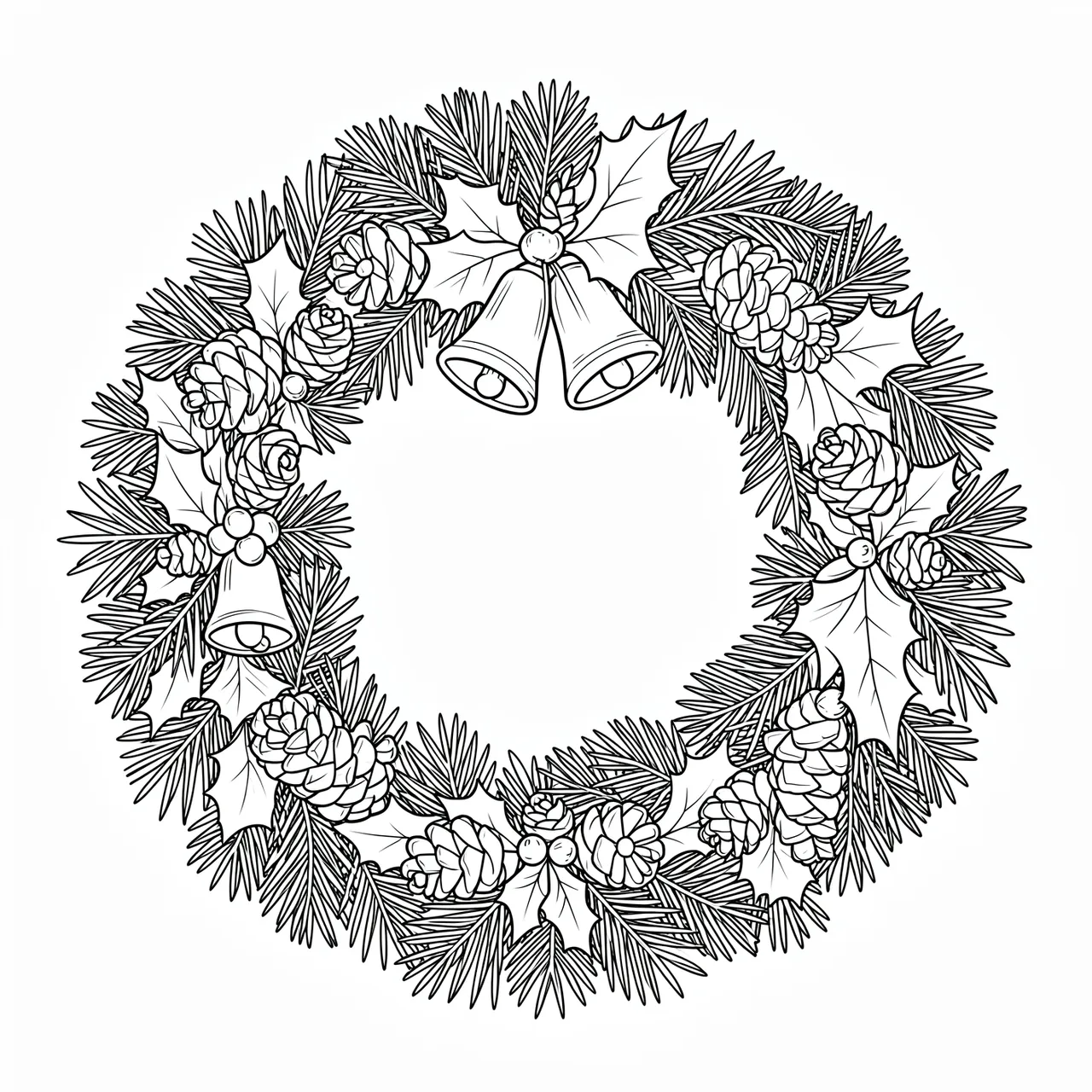 Black and white line art of an intricate round Christmas wreath with pine, holly, pinecones and bells on a white background