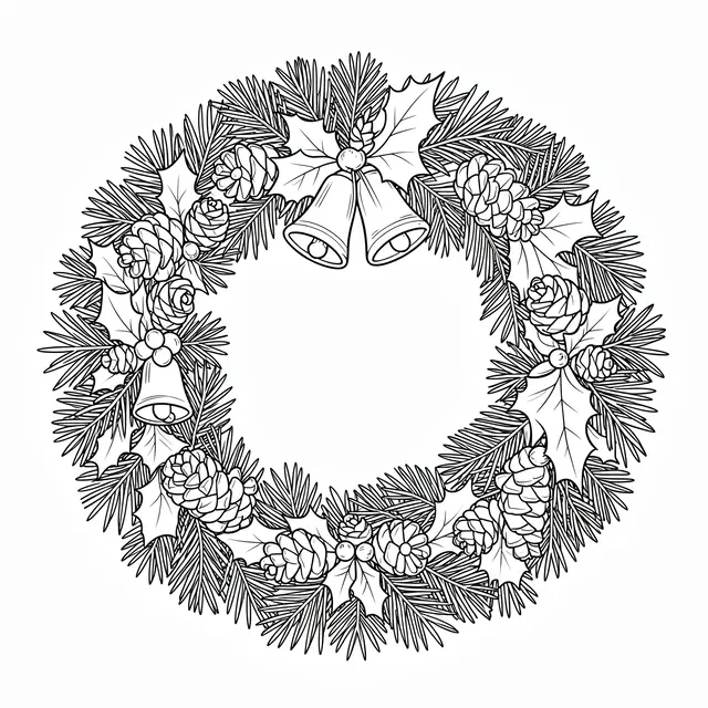 Black and white line art of an intricate round Christmas wreath with pine, holly, pinecones and bells on a white background