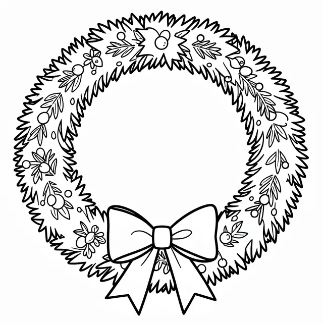 Black and white bold line art of a festive Christmas wreath with a bottom bow on a plain white background