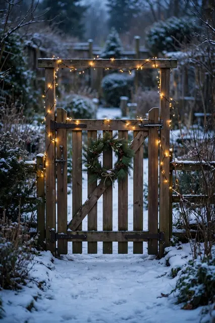 Wooden garden gate decorated with fairy lights and a Christmas wreath stands on a snowy path at dusk
