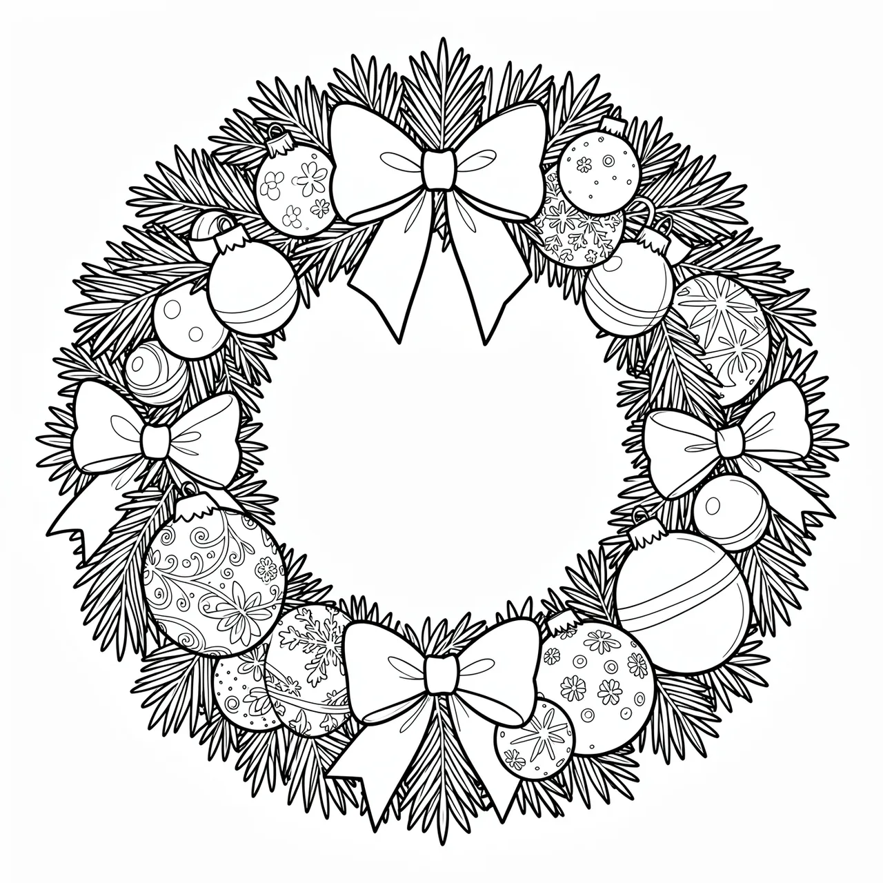 Black and white line art Christmas wreath decorated with baubles and bows on a plain white background