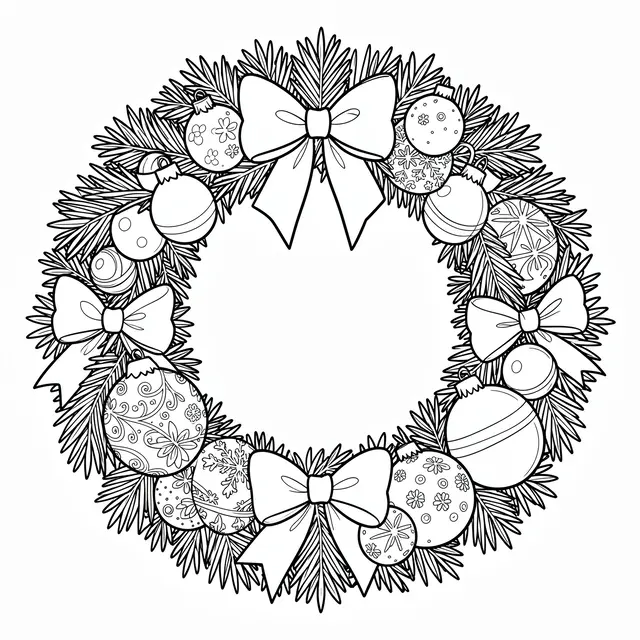 Black and white line art Christmas wreath decorated with baubles and bows on a plain white background