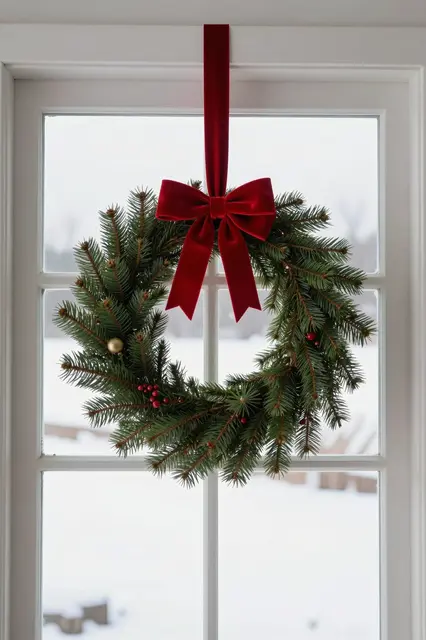 A pine Christmas wreath tied with a red velvet bow hangs on a white window above snowy fields.