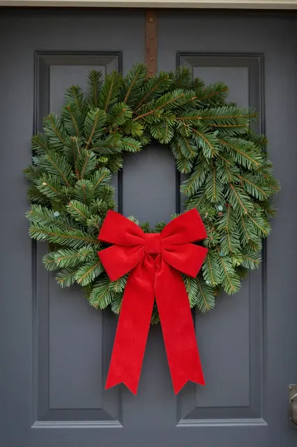 A evergreen Christmas wreath with a large red velvet bow hangs on a dark paneled front door.