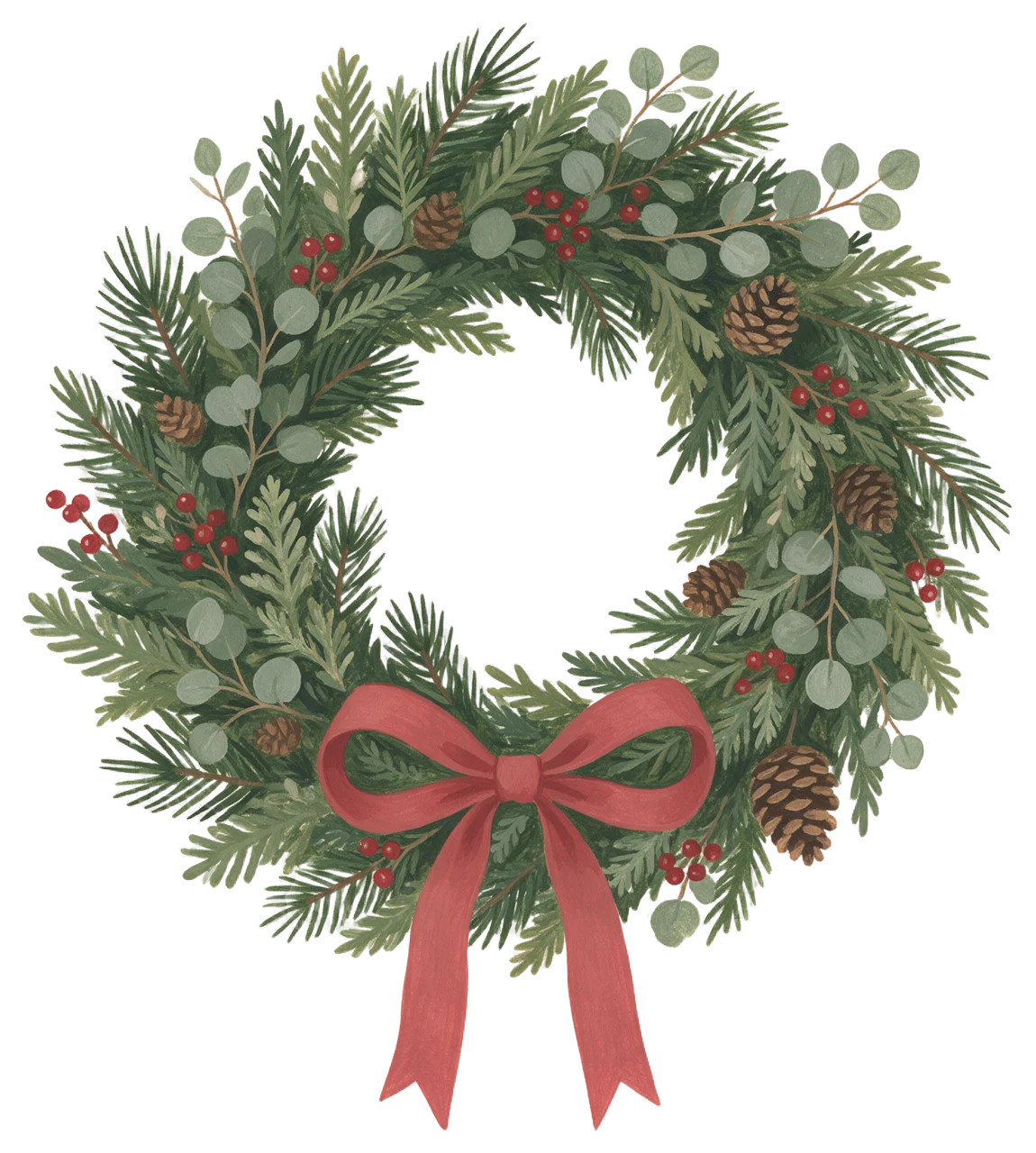 Hand-painted gouache Christmas wreath of pine, eucalyptus, berries, pine cones and a red bottom bow