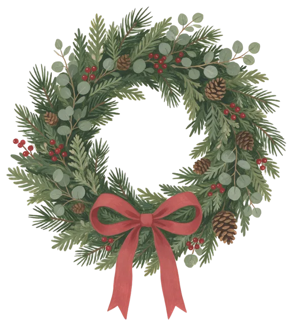 Hand-painted gouache Christmas wreath of pine, eucalyptus, berries, pine cones and a red bottom bow