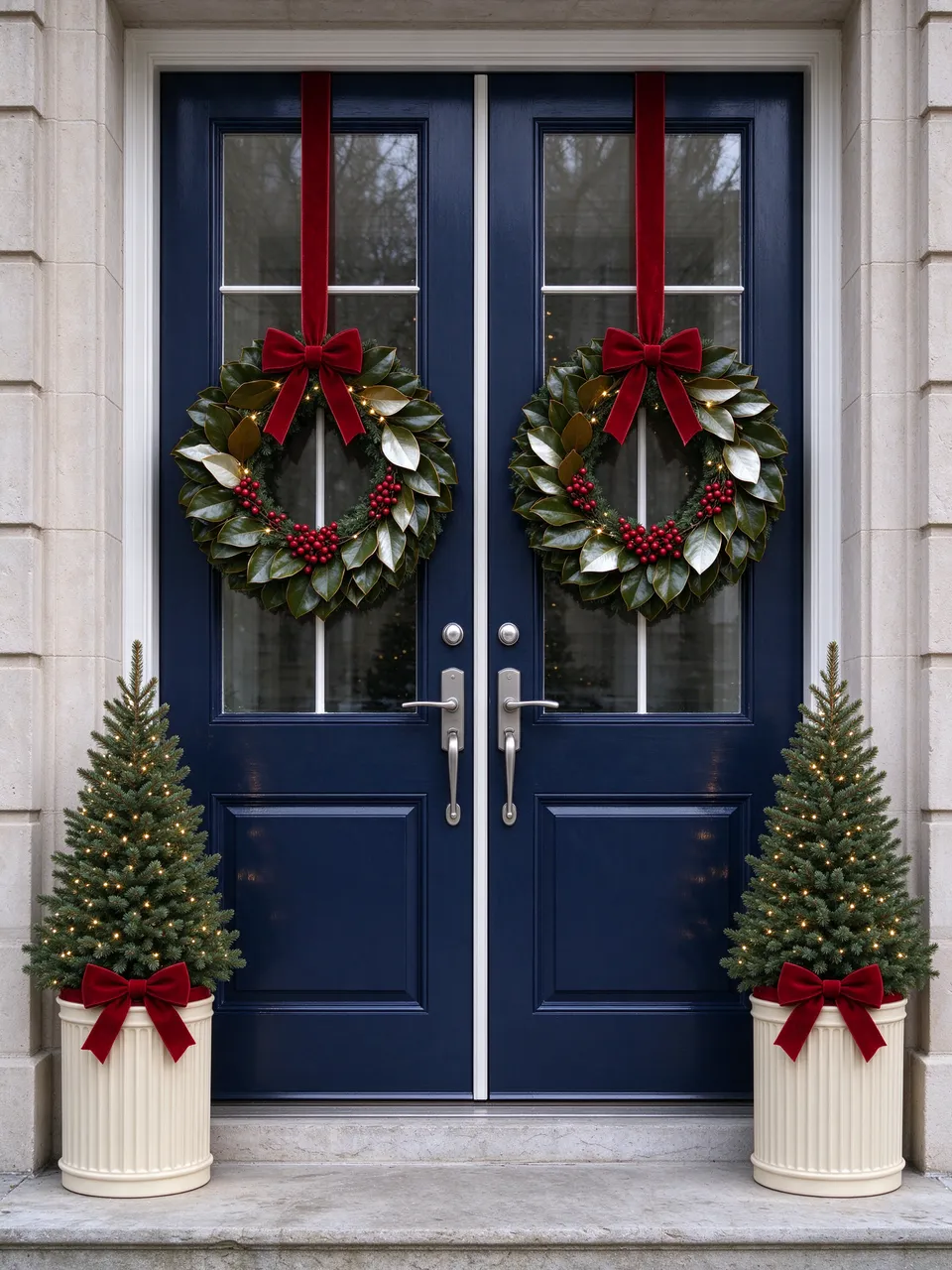 Matching magnolia Christmas wreaths hang on navy double doors flanked by lit potted spruce topiaries