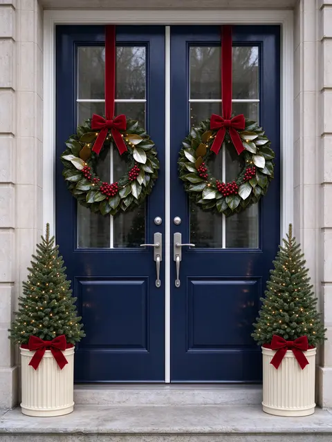 Matching magnolia Christmas wreaths hang on navy double doors flanked by lit potted spruce topiaries