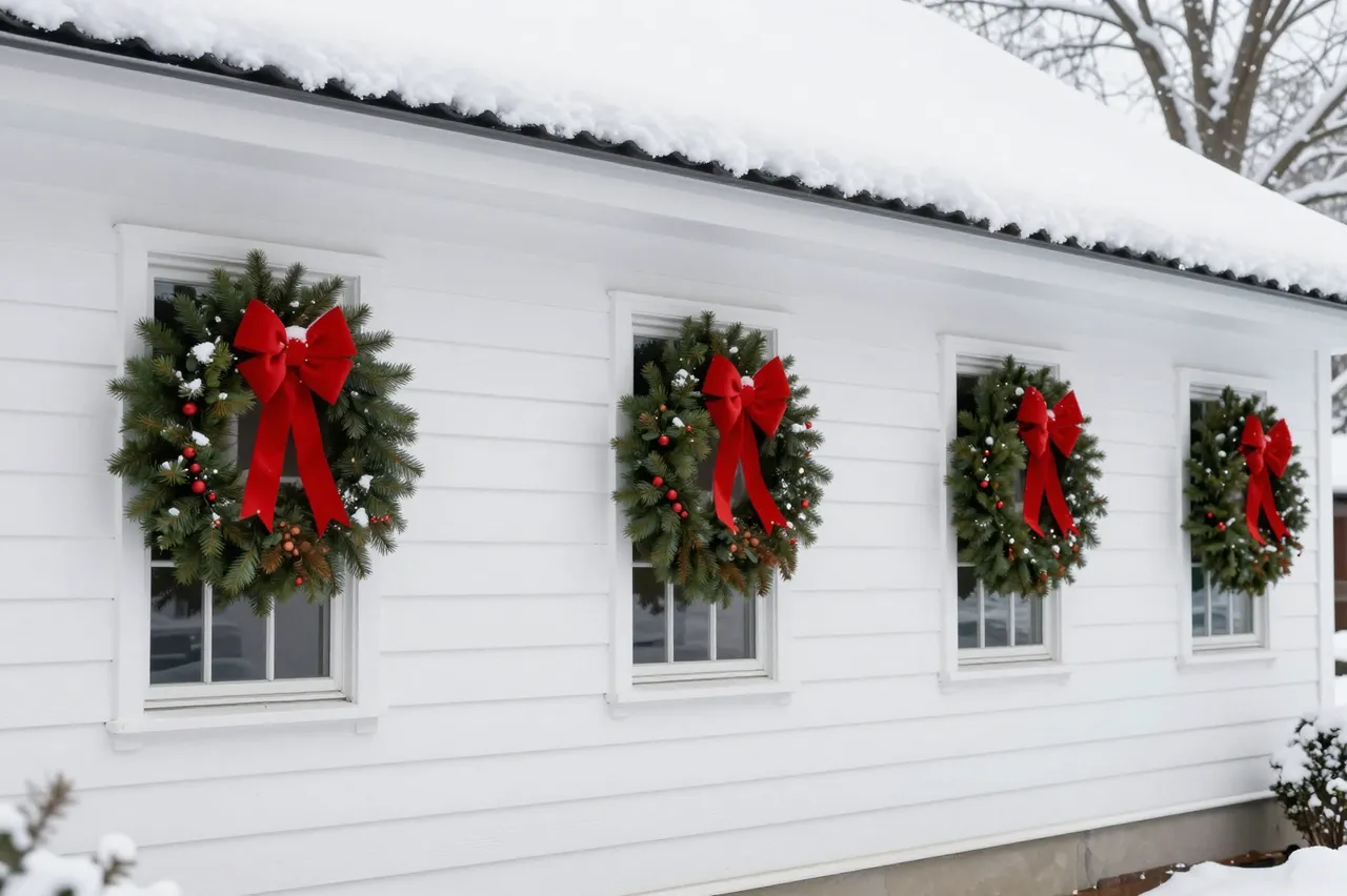 White clapboard house windows decorated with matching evergreen Christmas wreaths under fresh winter snow