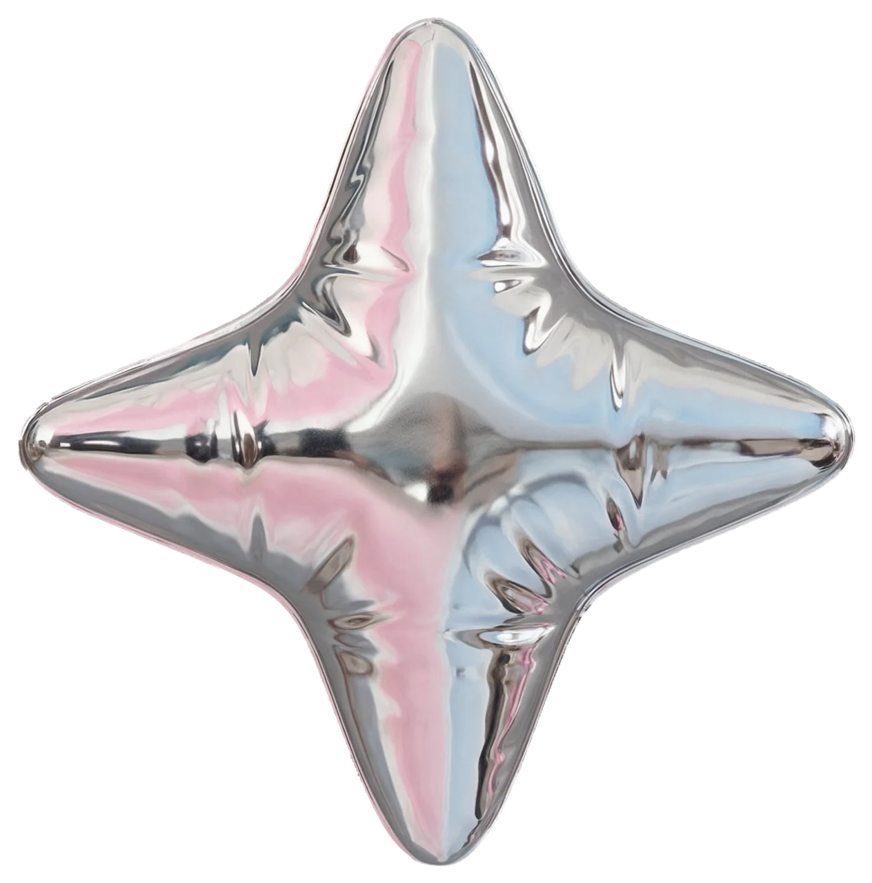 Puffy four-pointed chrome star ornament reflecting soft pink and pale blue light