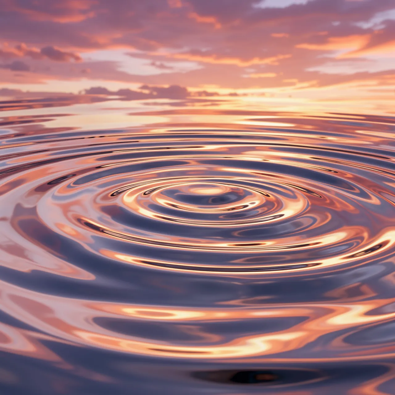Concentric polished metallic ripples mirror the warm pink and orange hues of a sunset sky