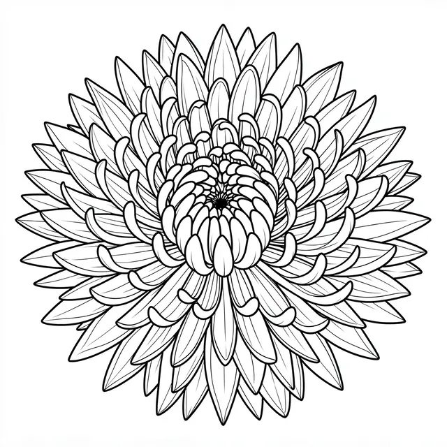 Black and white detailed chrysanthemum mandala line drawing on a plain white background