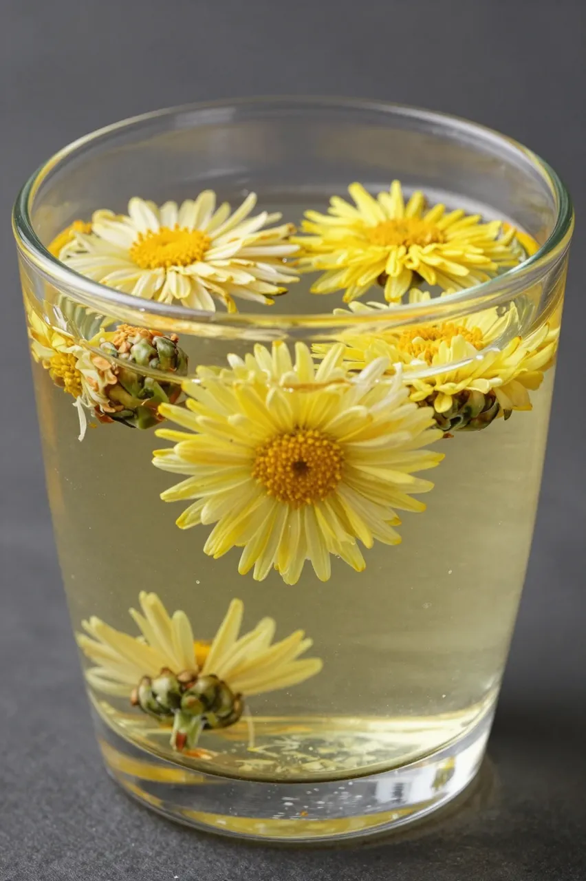 Clear glass filled with pale chrysanthemum tea and floating whole yellow chrysanthemum flowers against a dark gray