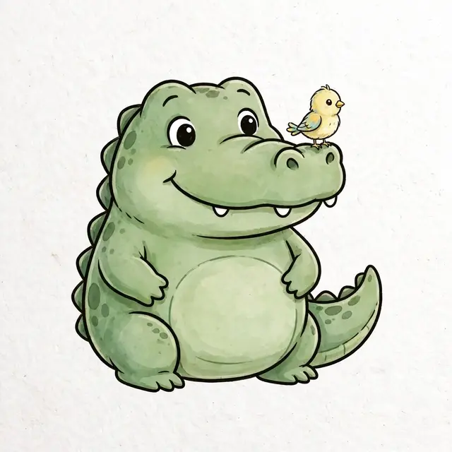 Cute cartoon green alligator sits with a small yellow bird perched on its snout