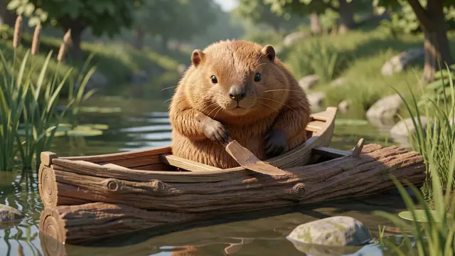 Cute chubby beaver sits in a small carved wooden canoe on a sunlit pond shoreline