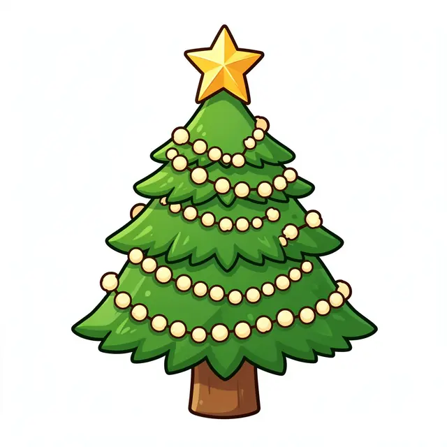 Cute chubby cartoon Christmas tree decorated with popcorn garland and a gold star, isolated on white