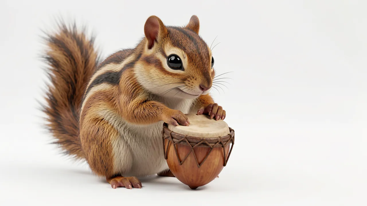 Cute chubby 3D chipmunk taps a tiny drum made from a hollow acorn shell