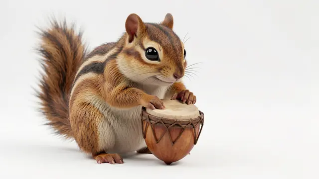 Cute chubby 3D chipmunk taps a tiny drum made from a hollow acorn shell