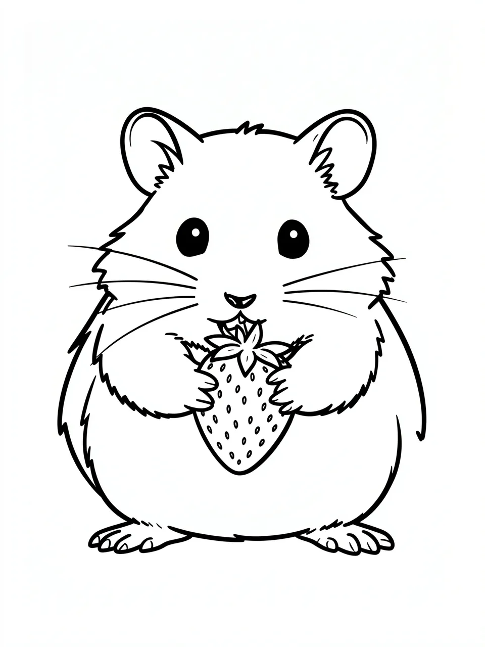Black and white line art of a plump hamster holding a strawberry on a plain white background