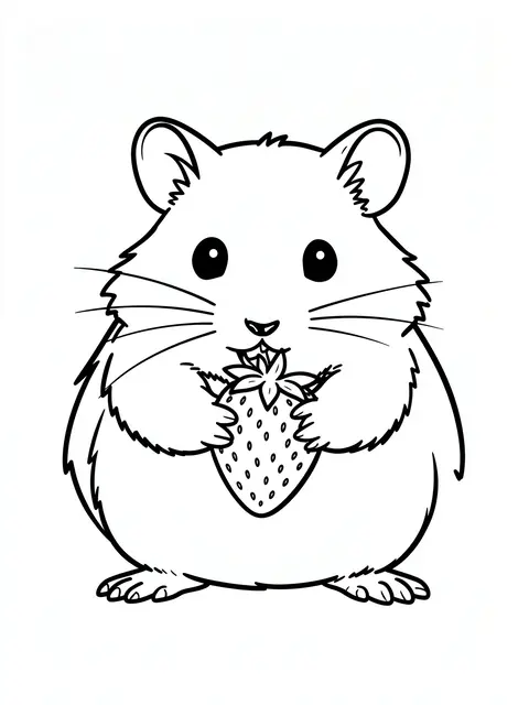 Black and white line art of a plump hamster holding a strawberry on a plain white background