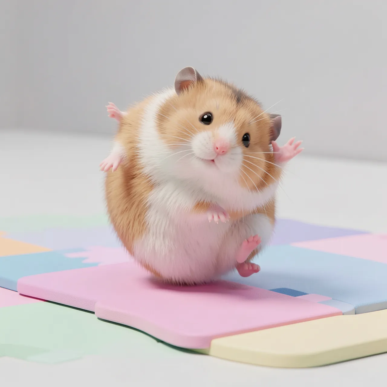 A fluffy chubby hamster balances playfully on a pastel foam puzzle mat