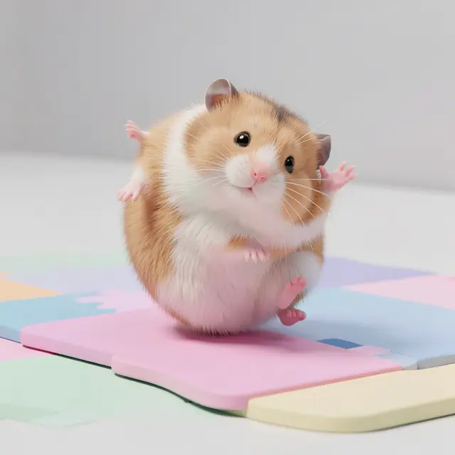 A fluffy chubby hamster balances playfully on a pastel foam puzzle mat