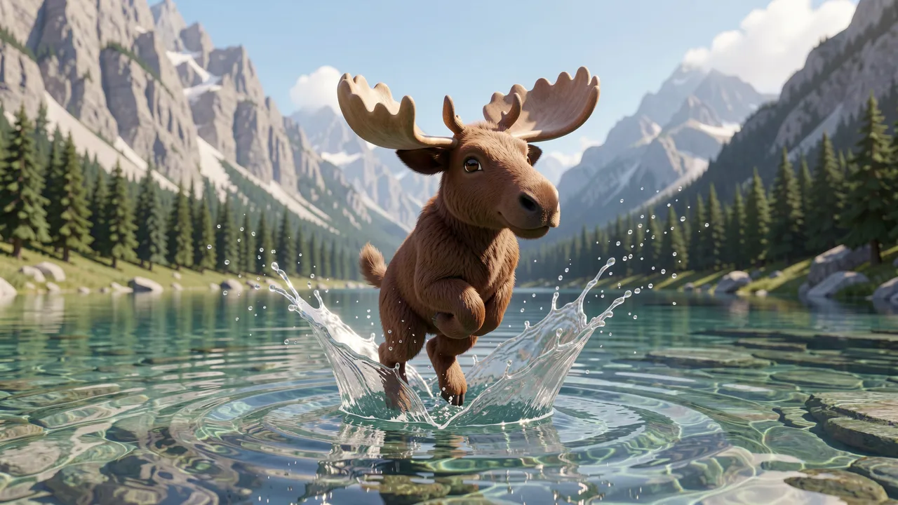 Cartoonish chubby moose calf leaps from a clear mountain lake creating splashes