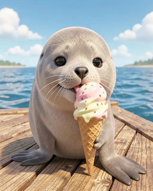 A cute chubby 3D harbor seal licks a sprinkled ice cream cone while sitting on a sunny wooden pier over water.