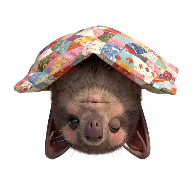 Cute chubby upside down bat rests with one eye open under a tiny colorful patchwork quilt against a plain white background