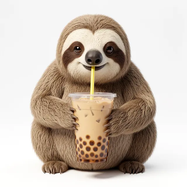 A fluffy 3D rendered chubby sloth holds a bubble tea cup and sips through a yellow straw against a plain white background