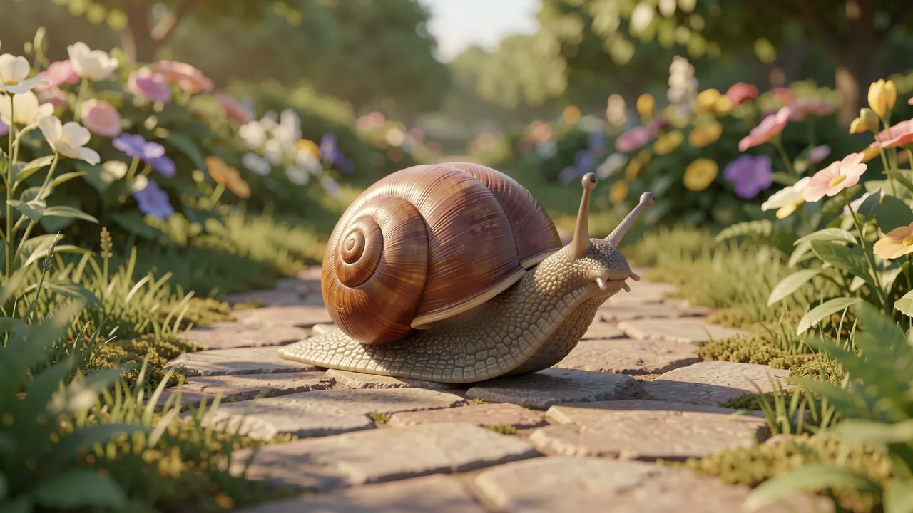 A chubby snail crawls along a mossy stone garden path lined with colorful morning flowers