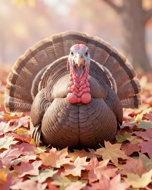 A plump 3D rendered turkey sits upright in a bed of colorful autumn maple leaves