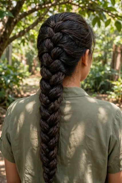 Back view of a woman with a thick long braid standing in dappled woodland light