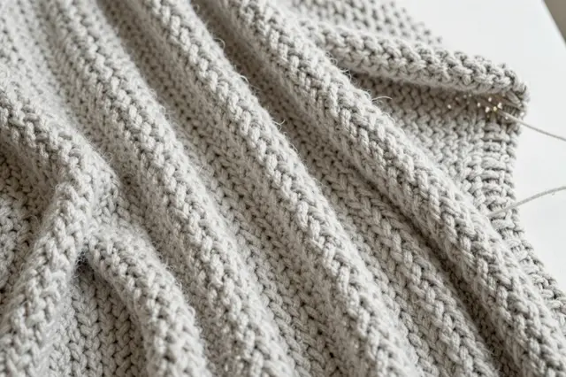 Close-up of a light gray chunky knit blanket resting on partially visible knitting needles on a plain light surface