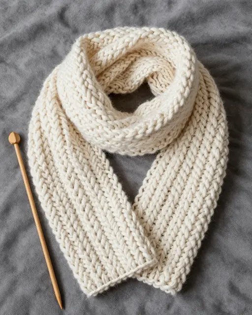 Flat lay of finished chunky cream knit scarf with wooden knitting needle resting on soft gray fabric