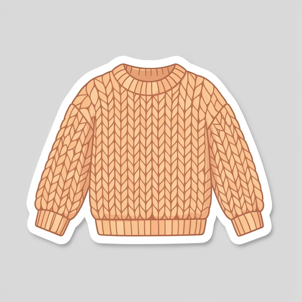 Cute flat illustration of a cable knit sweater die-cut sticker on a light gray background