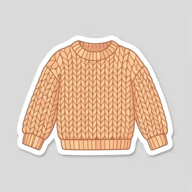 Cute flat illustration of a cable knit sweater die-cut sticker on a light gray background