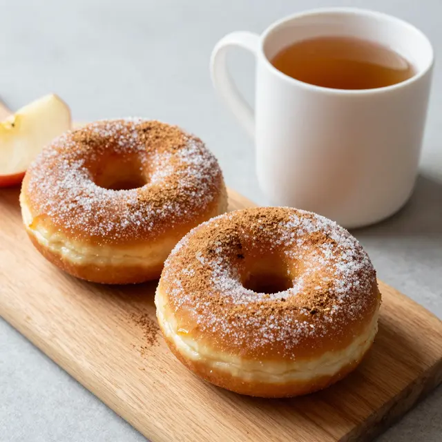 Cinnamon sugar apple cider donuts on a wooden board next to a mug of hot cider