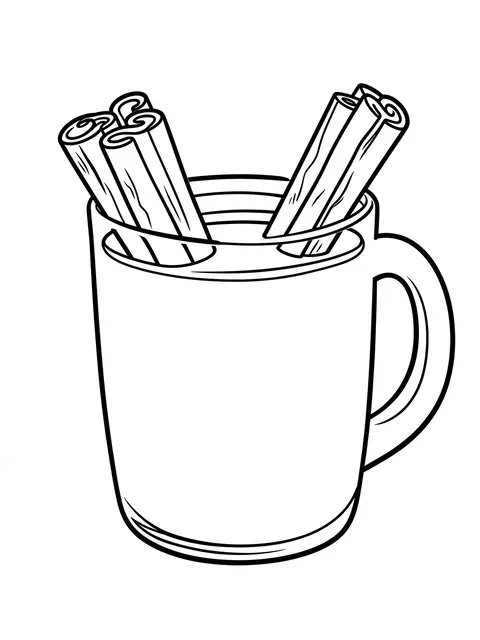 Bold black line art of a mug with cinnamon sticks on a plain white background