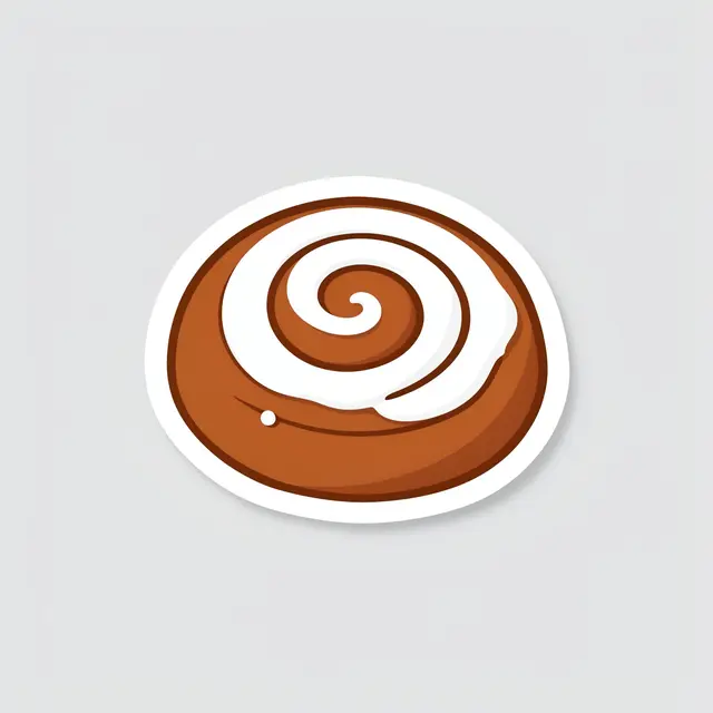 Die-cut sticker of an iced cinnamon roll with a white border on a plain light gray background