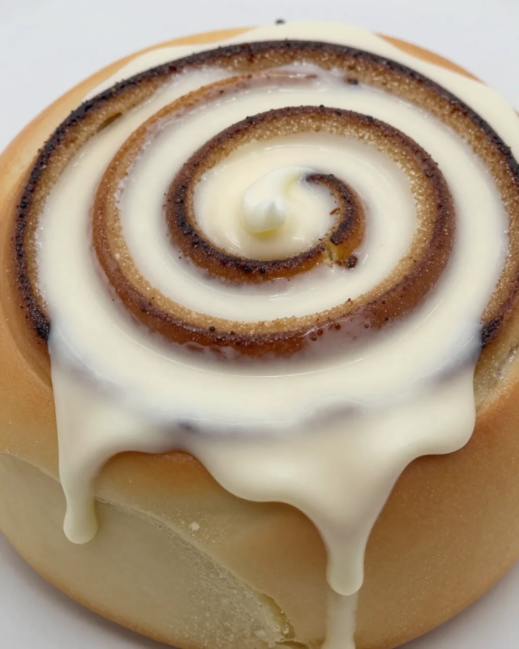 Close-up top-down view of a cinnamon roll topped with dripping creamy cream cheese icing.