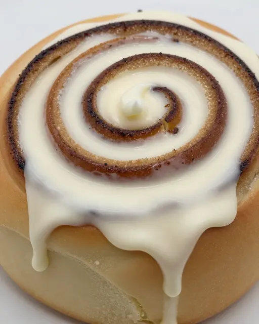 Close-up top-down view of a cinnamon roll topped with dripping creamy cream cheese icing.