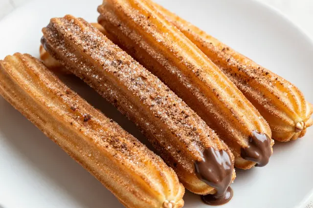 Dusted churros with oozing chocolate dip arranged on a plain white plate