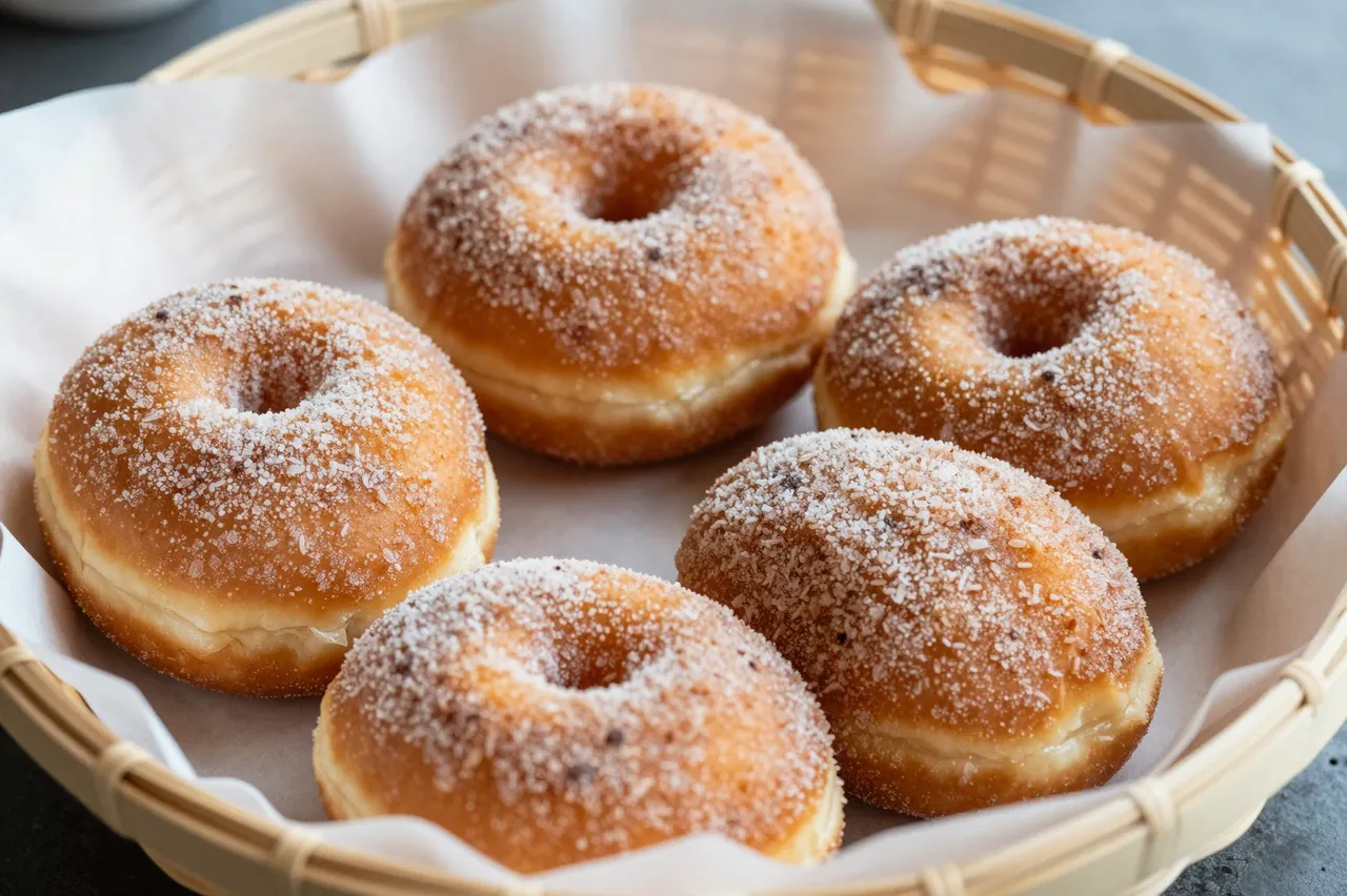 Five sugar-coated cinnamon donuts rest in a parchment-lined woven wicker basket