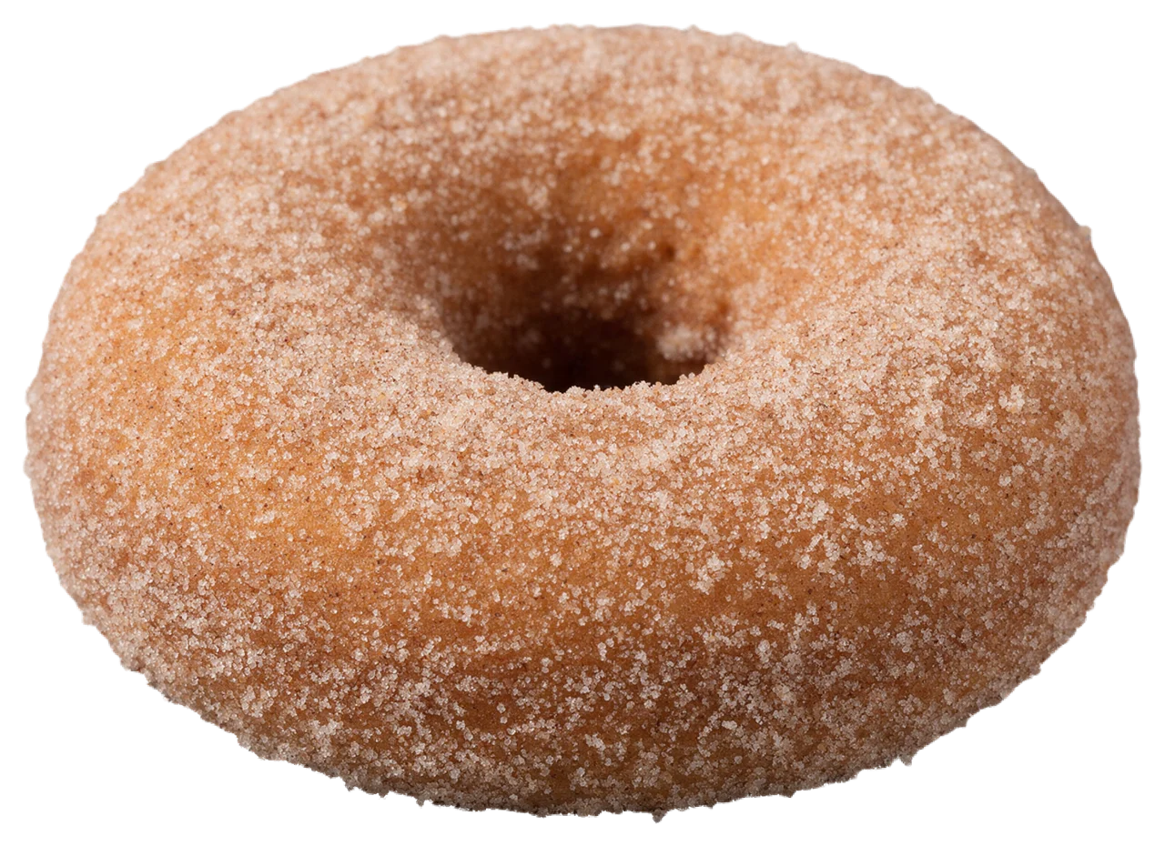 Whole ring-shaped cinnamon sugar doughnut coated in granular sugar and spice