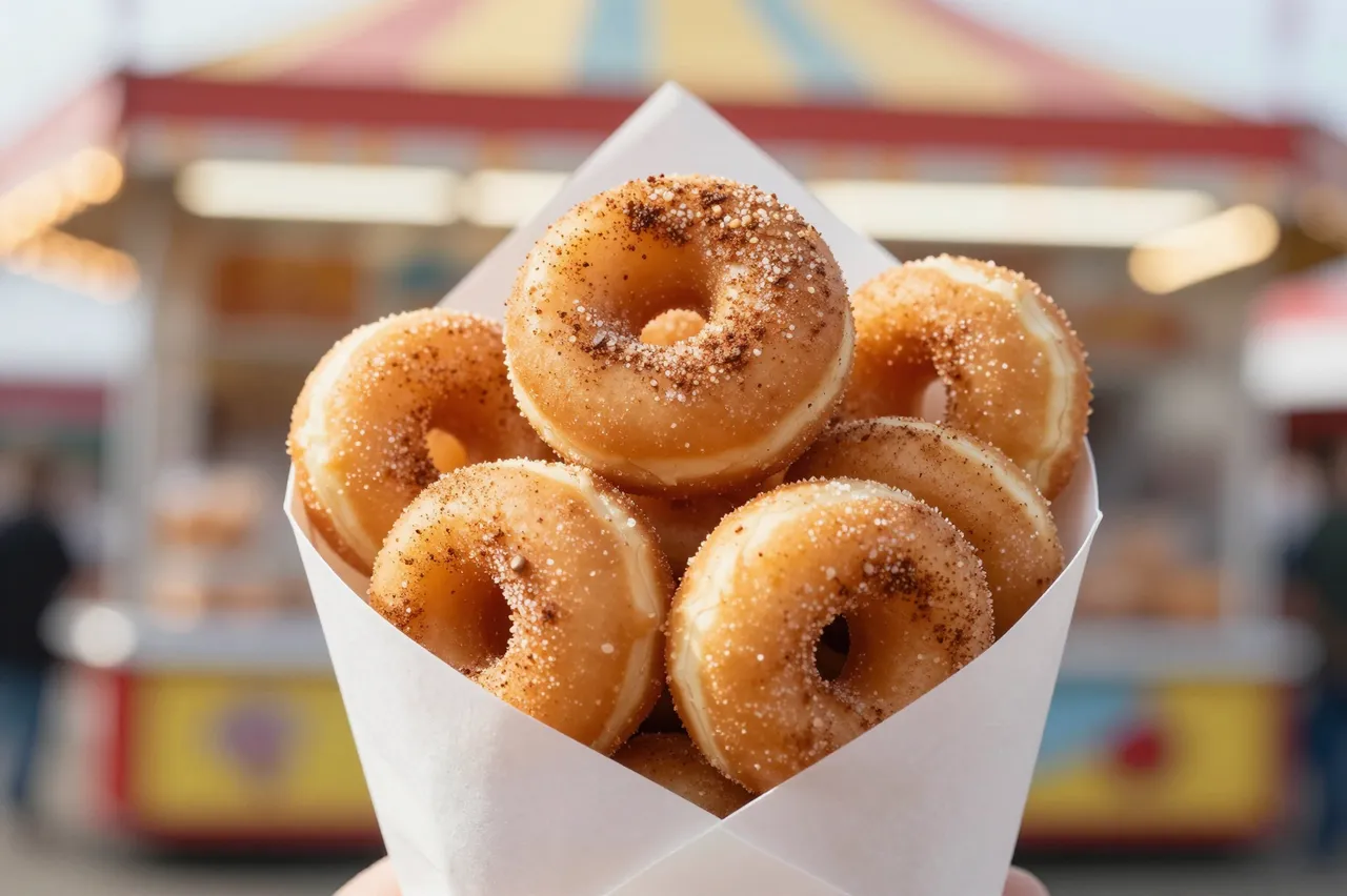 Cinnamon sugar mini donuts in a white paper cone are held against a blurred summer fair backdrop