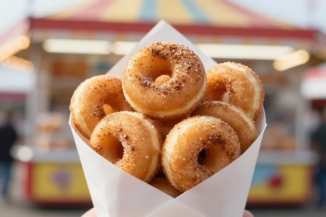 Cinnamon sugar mini donuts in a white paper cone are held against a blurred summer fair backdrop