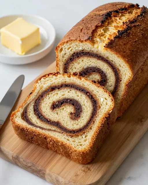 Sliced cinnamon swirl loaf rests on a wooden board with a serrated knife and a dish of butter