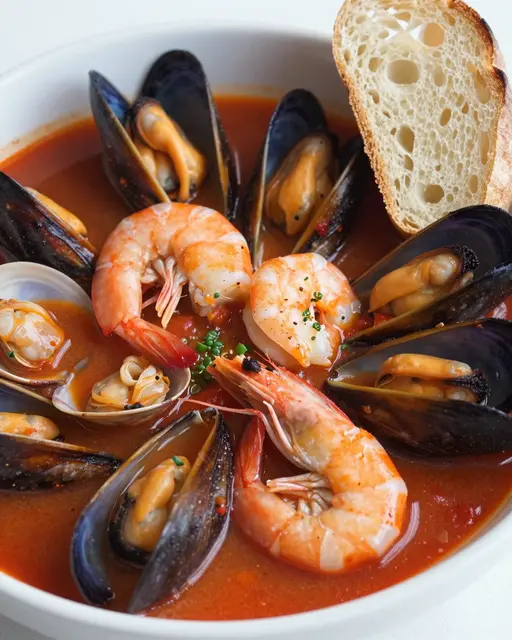 A white bowl of tomato broth cioppino with mussels, clams, shrimp, and a slice of crusty bread.